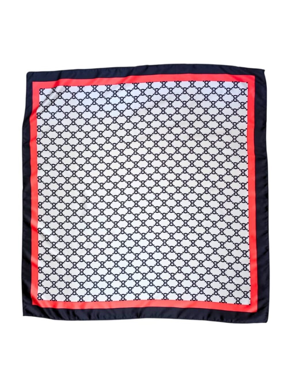 Vintage Geometric Monogram Silk Feel Scarf - Black, White & Red Border Square - Picture 2 of 9
